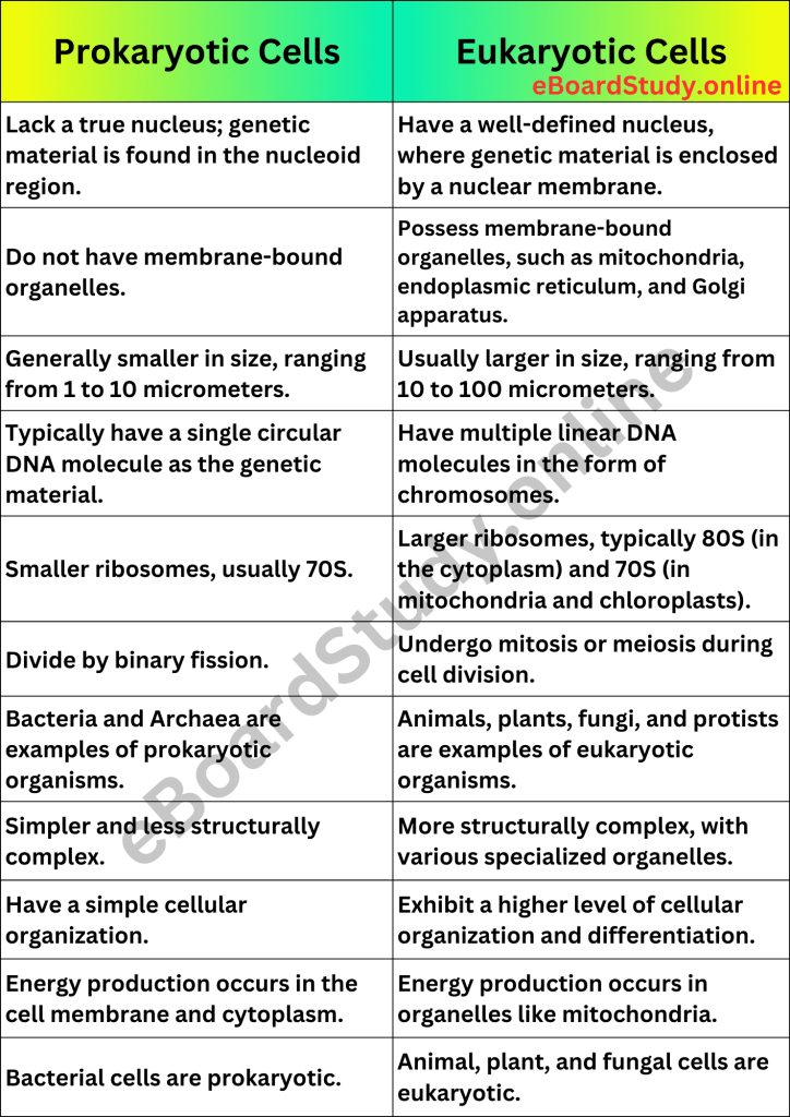 Difference between prokaryotic and eukaryotic cell comparison table