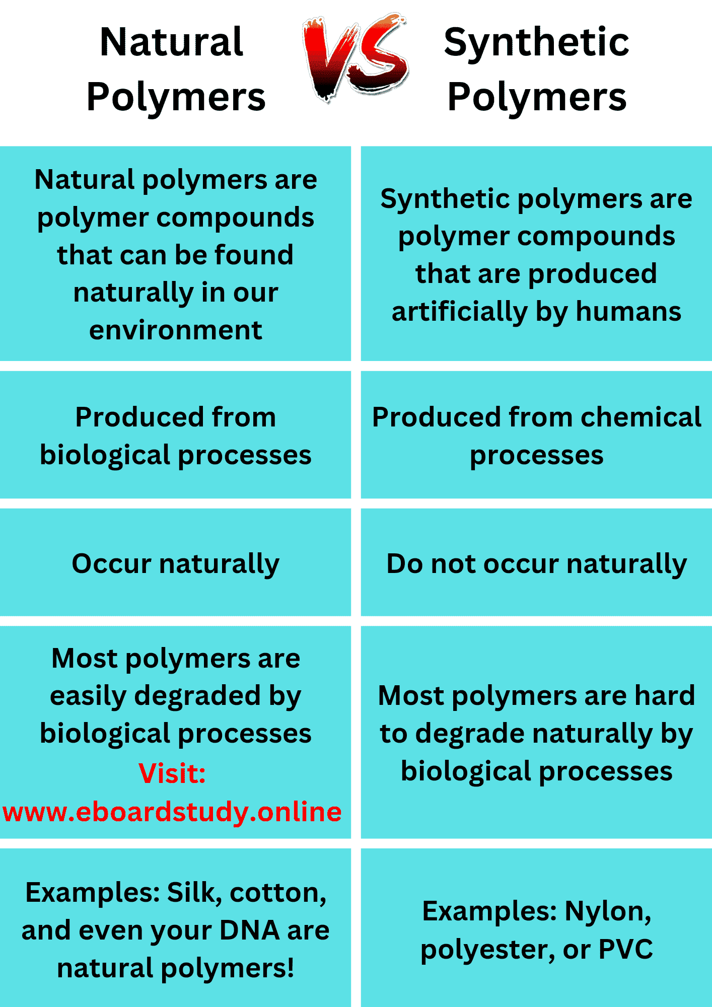 Table comparing the differences between natural and synthetic polymers